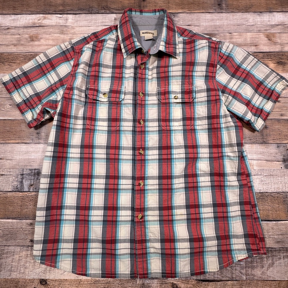 RuffHewn Mens Plaid Short‎ Sleeve Button Down Shirt Red Blue White Cotton Large